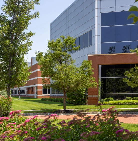 Brick office facility with large windows, sidewalk, and shade trees at Cedar Brook