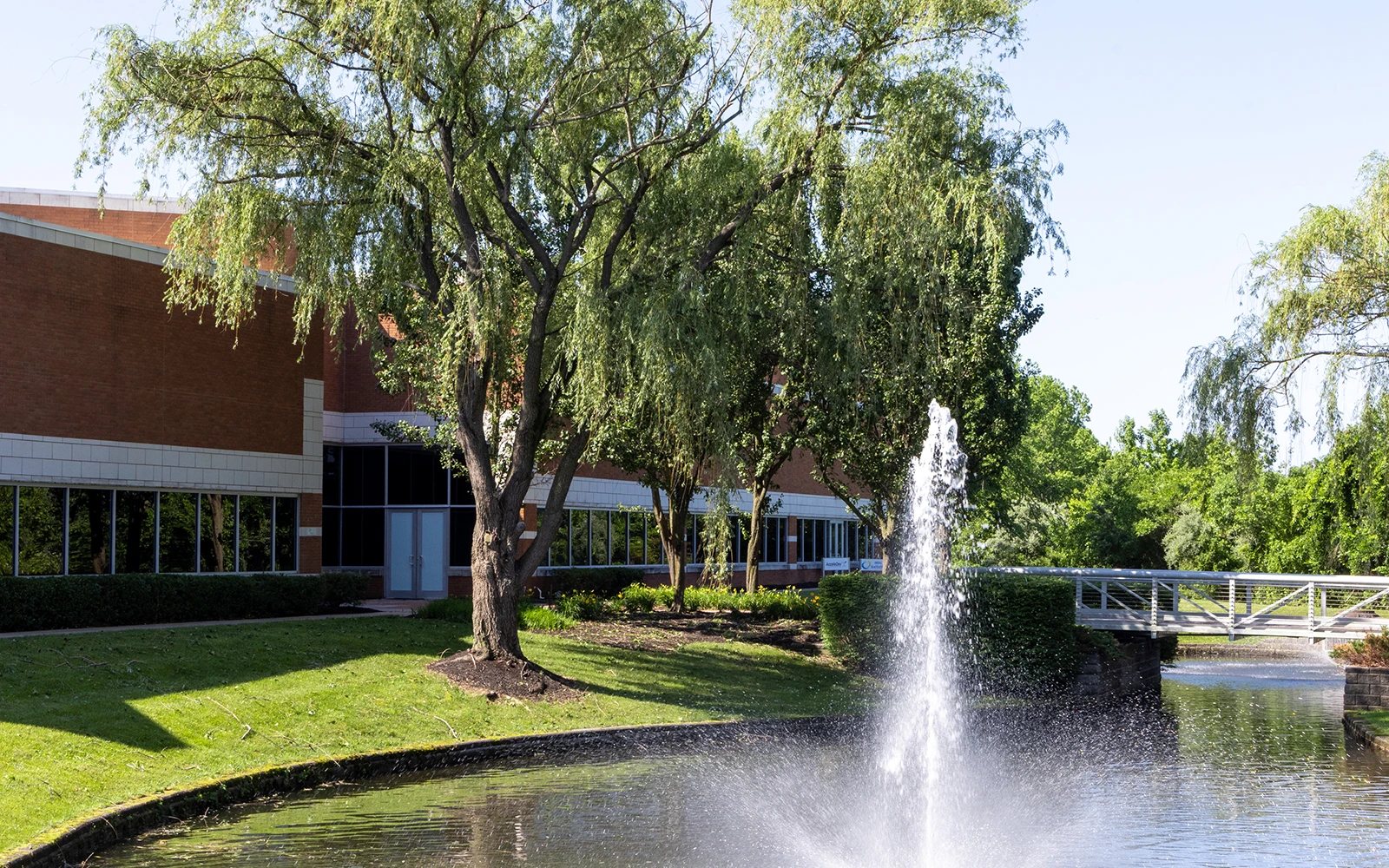 Office campus pond fountain with footbridge and trees at Cedar Brook corporate center