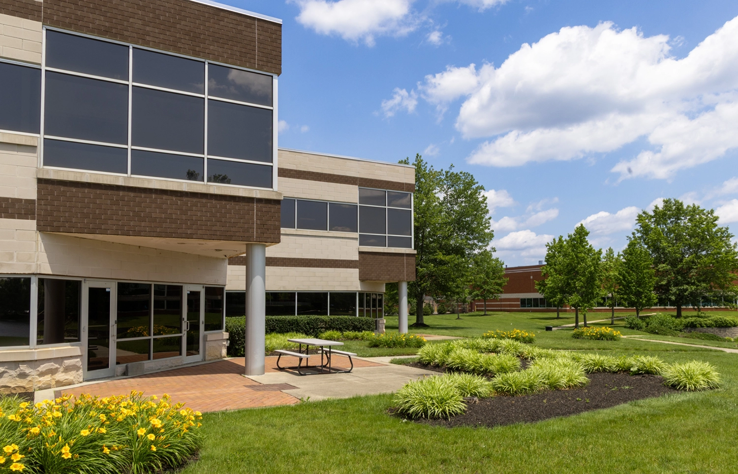 A sunny outdoor seating area surrounded by greenery