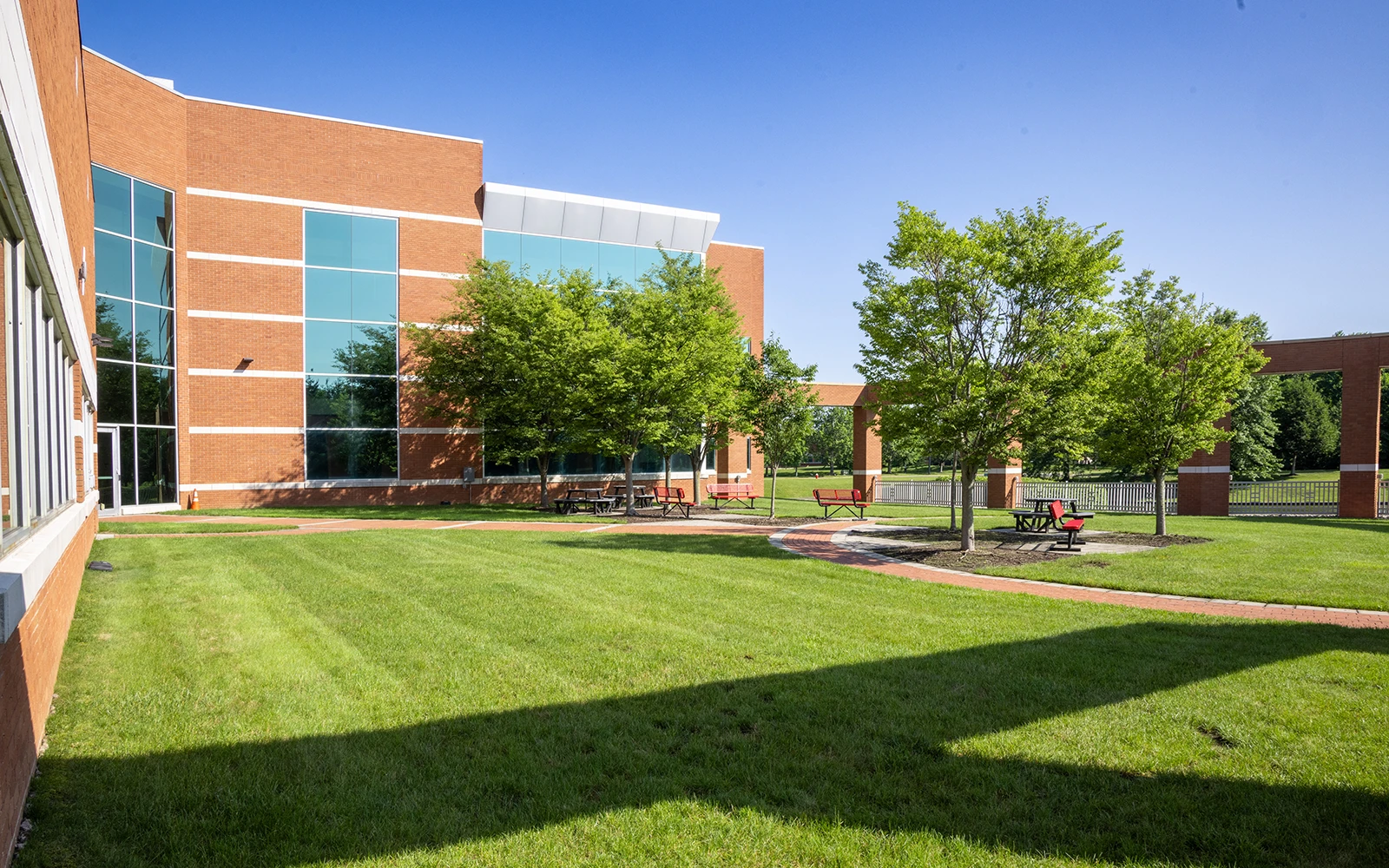 Modern office complex outdoor space featuring landscaped grass trees benches and pedestrian pathways