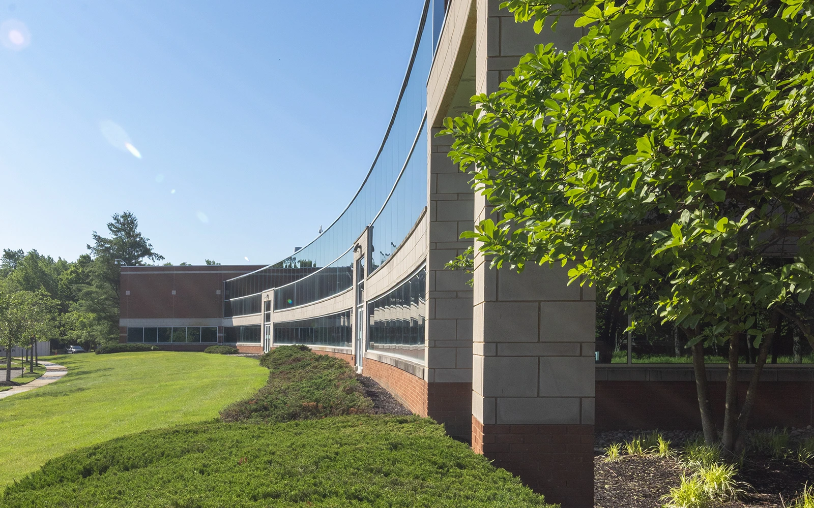 Contemporary corporate building with sweeping curved facade reflective windows and green campus setting