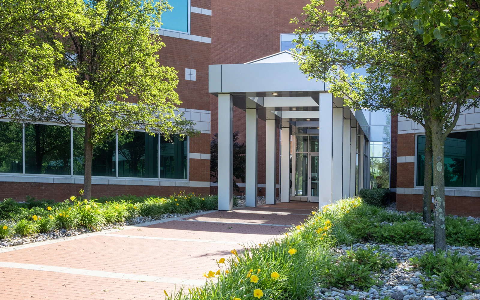Corporate office lobby entrance featuring modern canopy columns trees and manicured landscaping