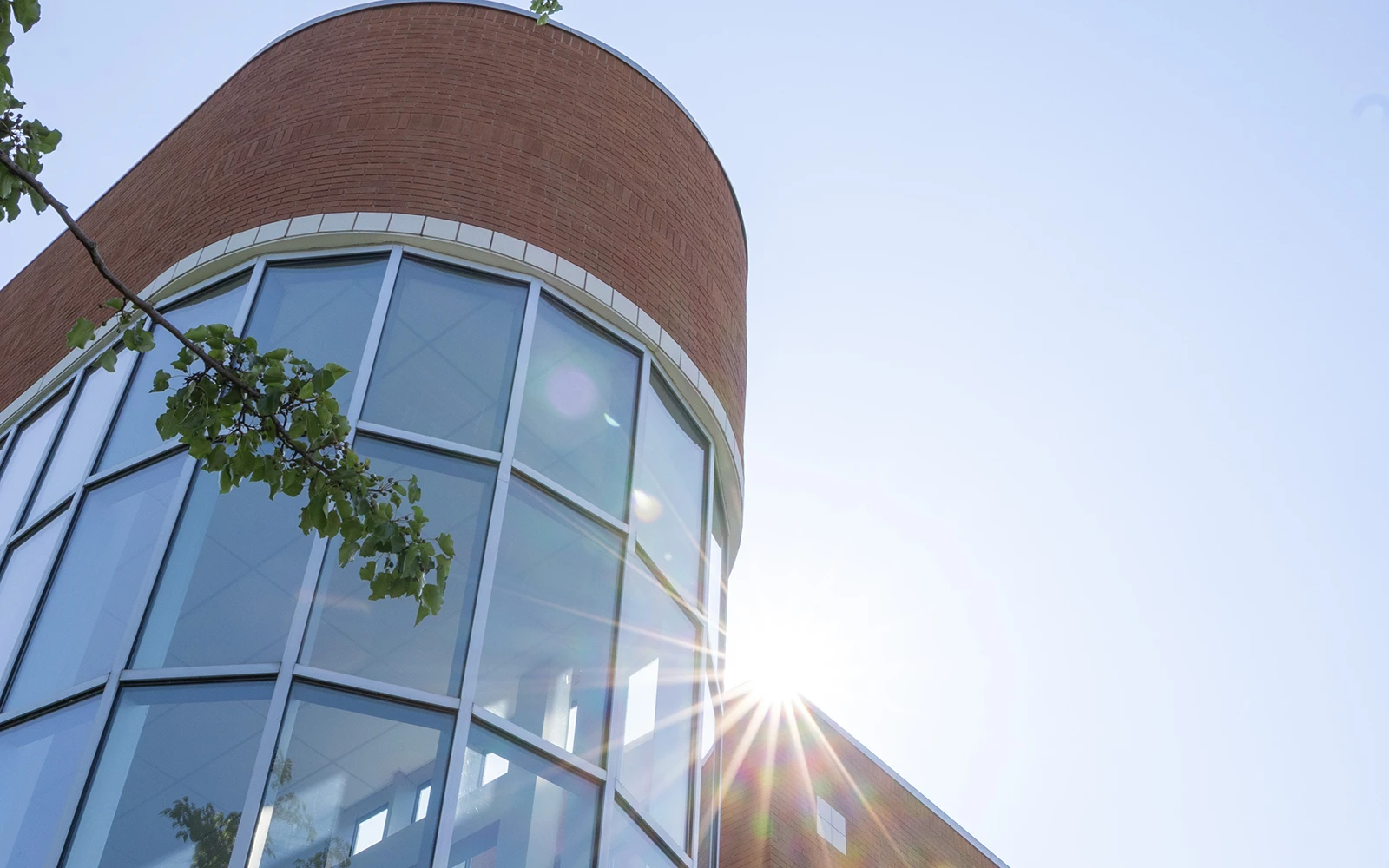 Contemporary corporate architecture featuring rounded brick exterior reflective glass and clear sky