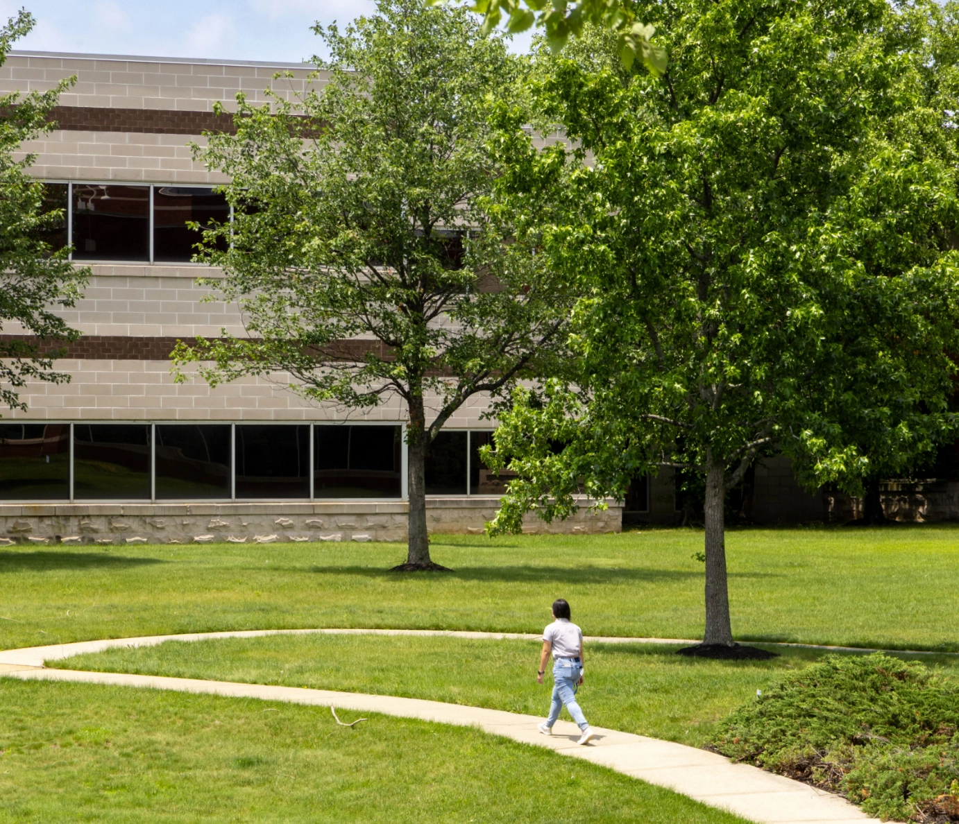 A pedestrian walking on a sidewalk outside on a sunny day