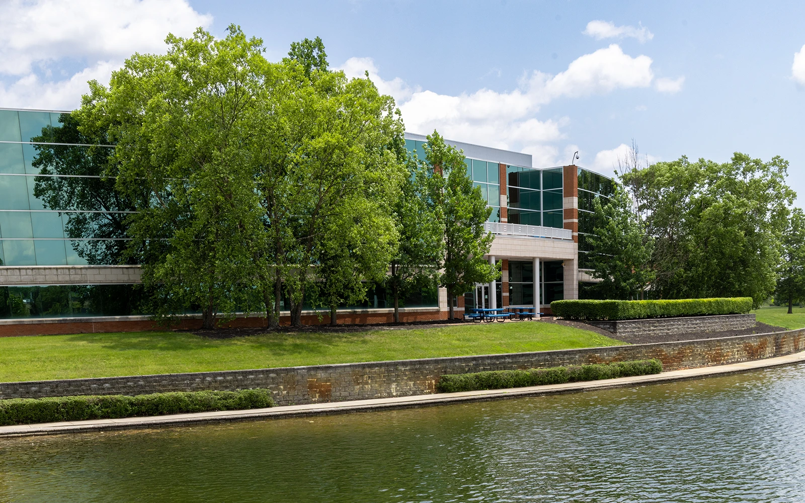 Modern office building overlooking landscaped water feature with glass facade trees and green lawn