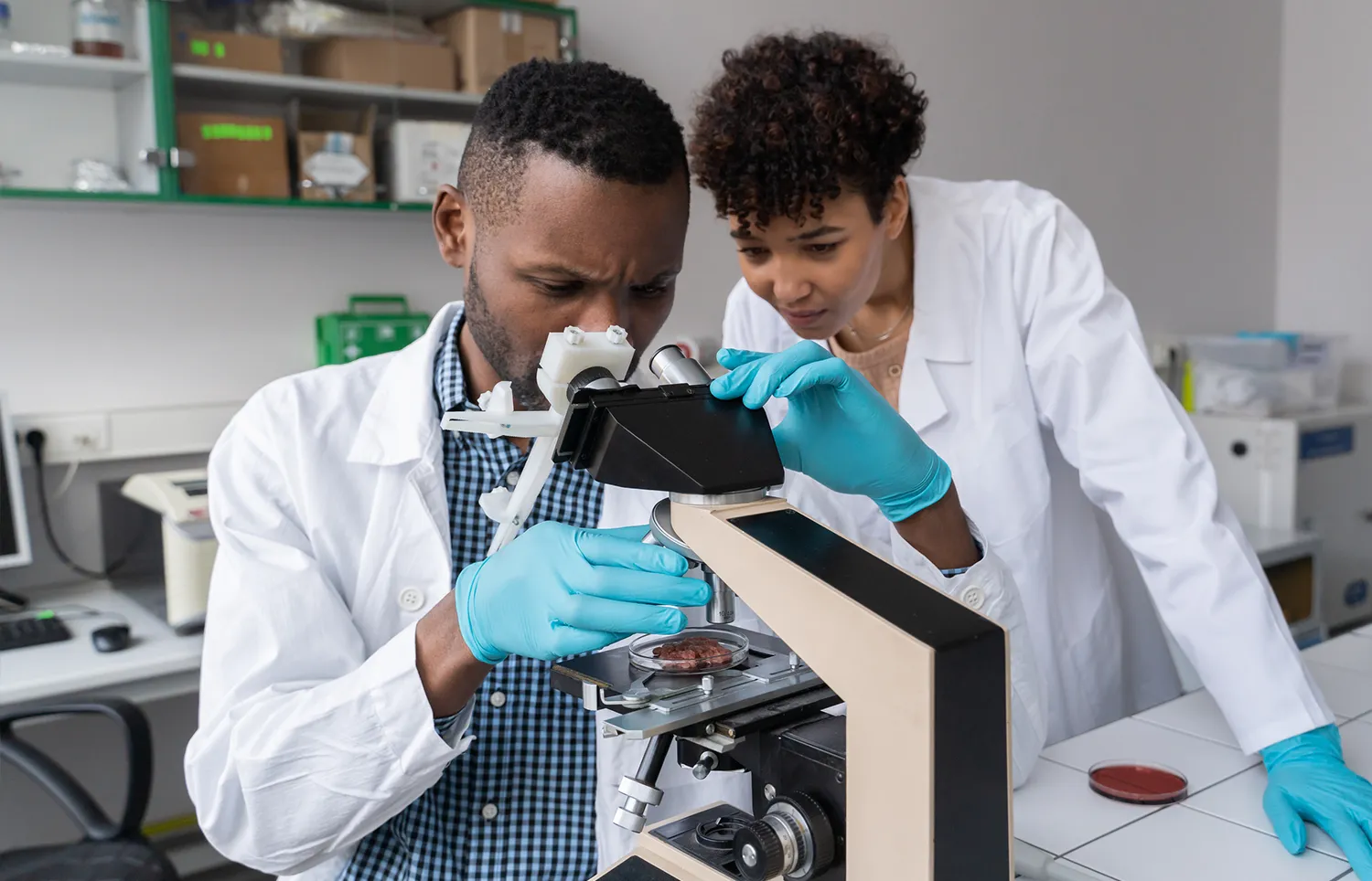 Two laboratory scientists wearing lab coats examining samples together using a microscope